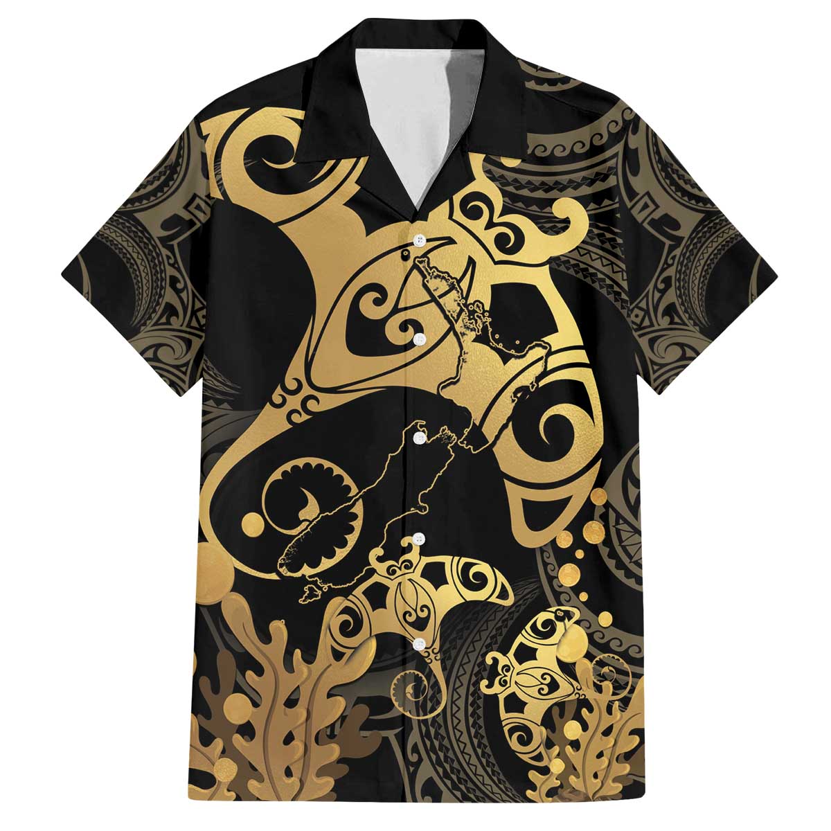 Black And Gold Aotearoa Whai Family Matching Puletasi and Hawaiian Shirt NZ Stingrays Maori Curves Style LT14 Dad's Shirt - Short Sleeve Gold - Polynesian Pride