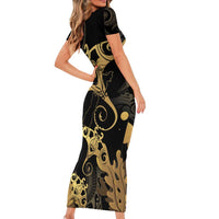 Black And Gold Aotearoa Whai Family Matching Short Sleeve Bodycon Dress and Hawaiian Shirt NZ Stingrays Maori Curves Style
