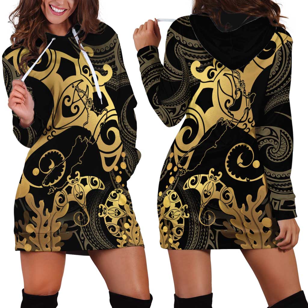 Black And Gold Aotearoa Whai Hoodie Dress NZ Stingrays Maori Curves Style LT14 - Polynesian Pride