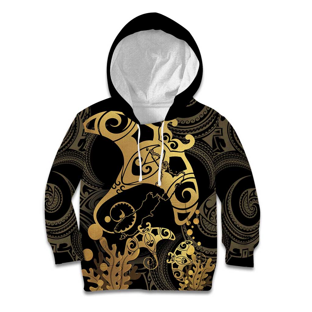 Black And Gold Aotearoa Whai Kid Hoodie NZ Stingrays Maori Curves Style