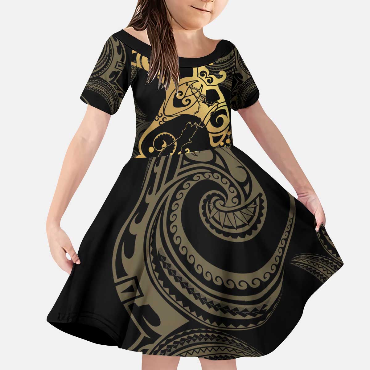 Black And Gold Aotearoa Whai Kid Short Sleeve Dress NZ Stingrays Maori Curves Style