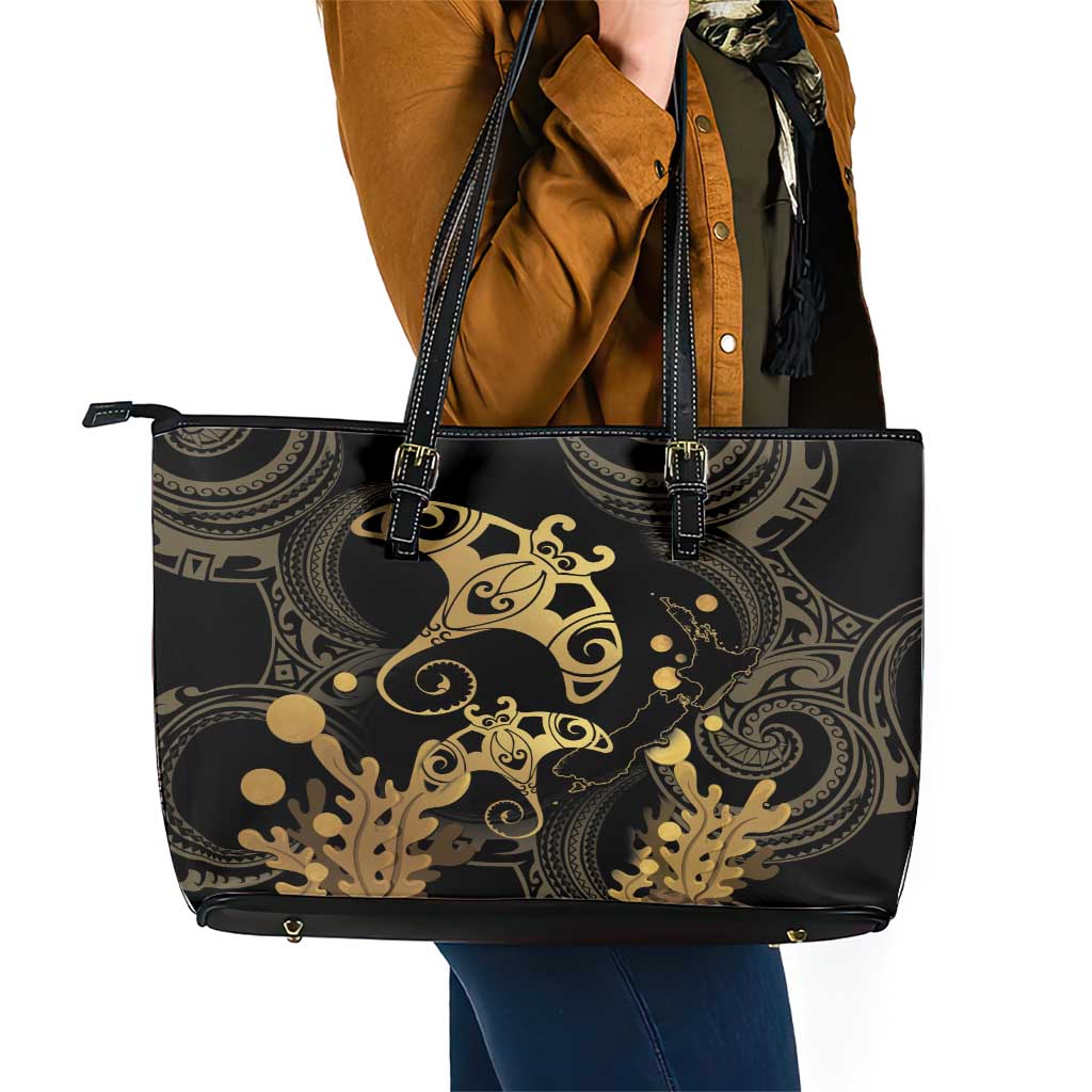 Black And Gold Aotearoa Whai Leather Tote Bag NZ Stingrays Maori Curves Style LT14 - Polynesian Pride