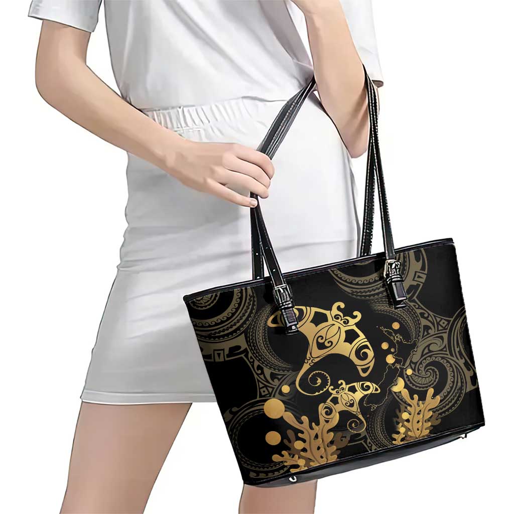 Black And Gold Aotearoa Whai Leather Tote Bag NZ Stingrays Maori Curves Style LT14 - Polynesian Pride