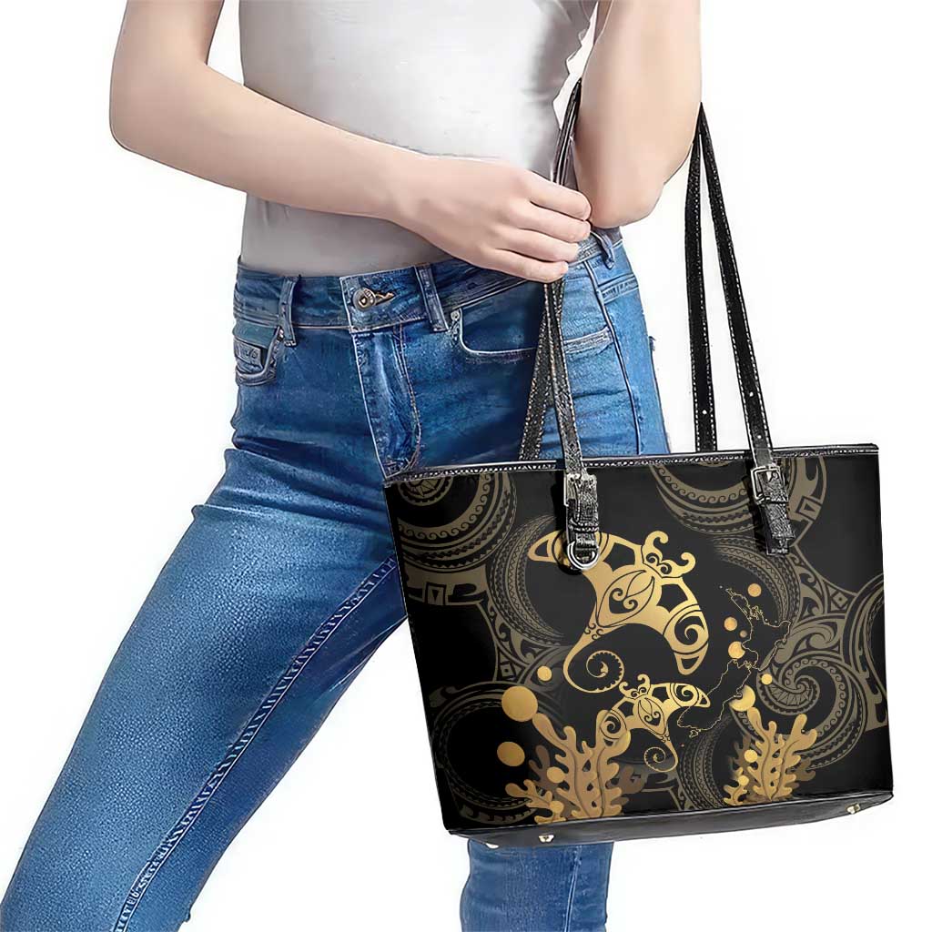 Black And Gold Aotearoa Whai Leather Tote Bag NZ Stingrays Maori Curves Style LT14 - Polynesian Pride