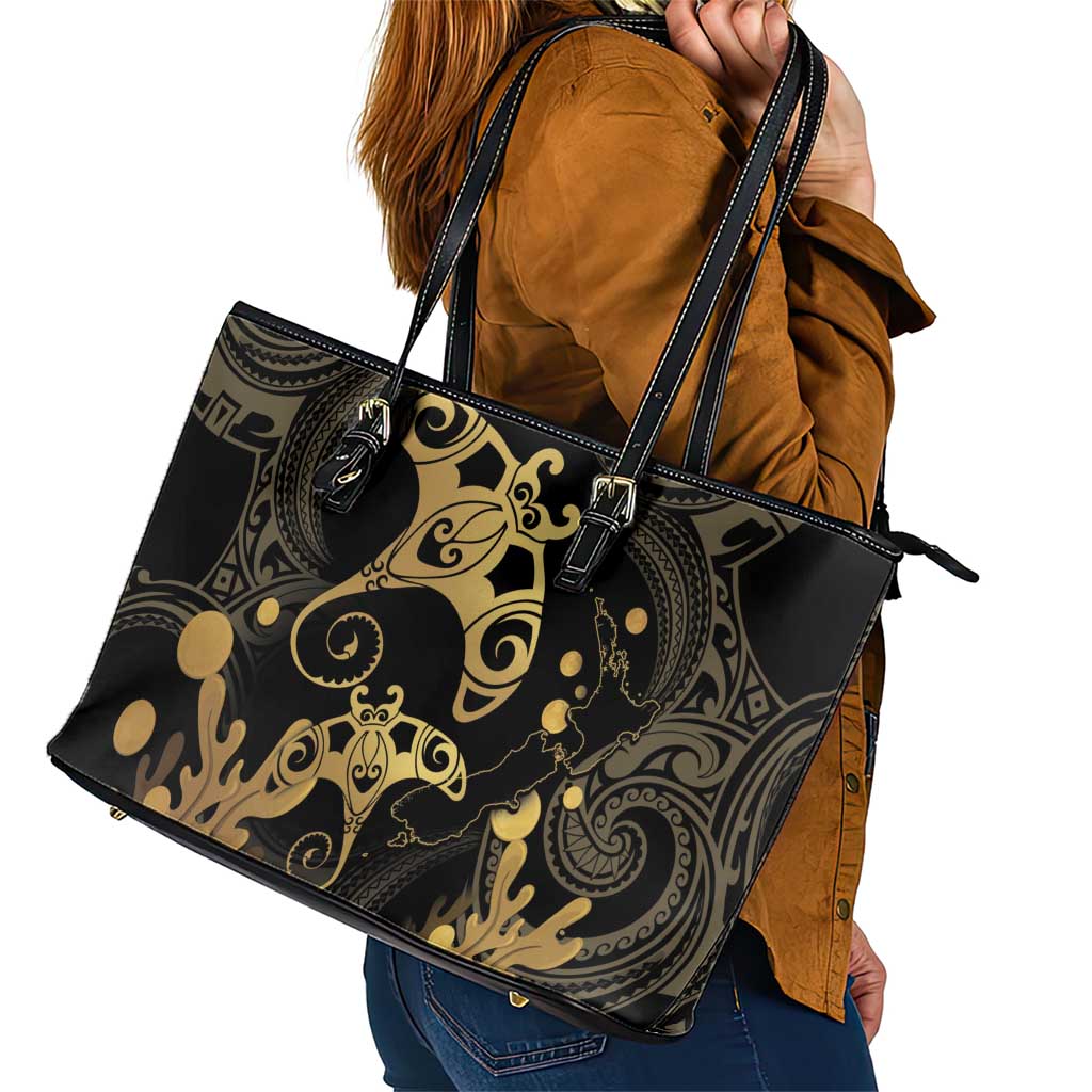 Black And Gold Aotearoa Whai Leather Tote Bag NZ Stingrays Maori Curves Style LT14 - Polynesian Pride