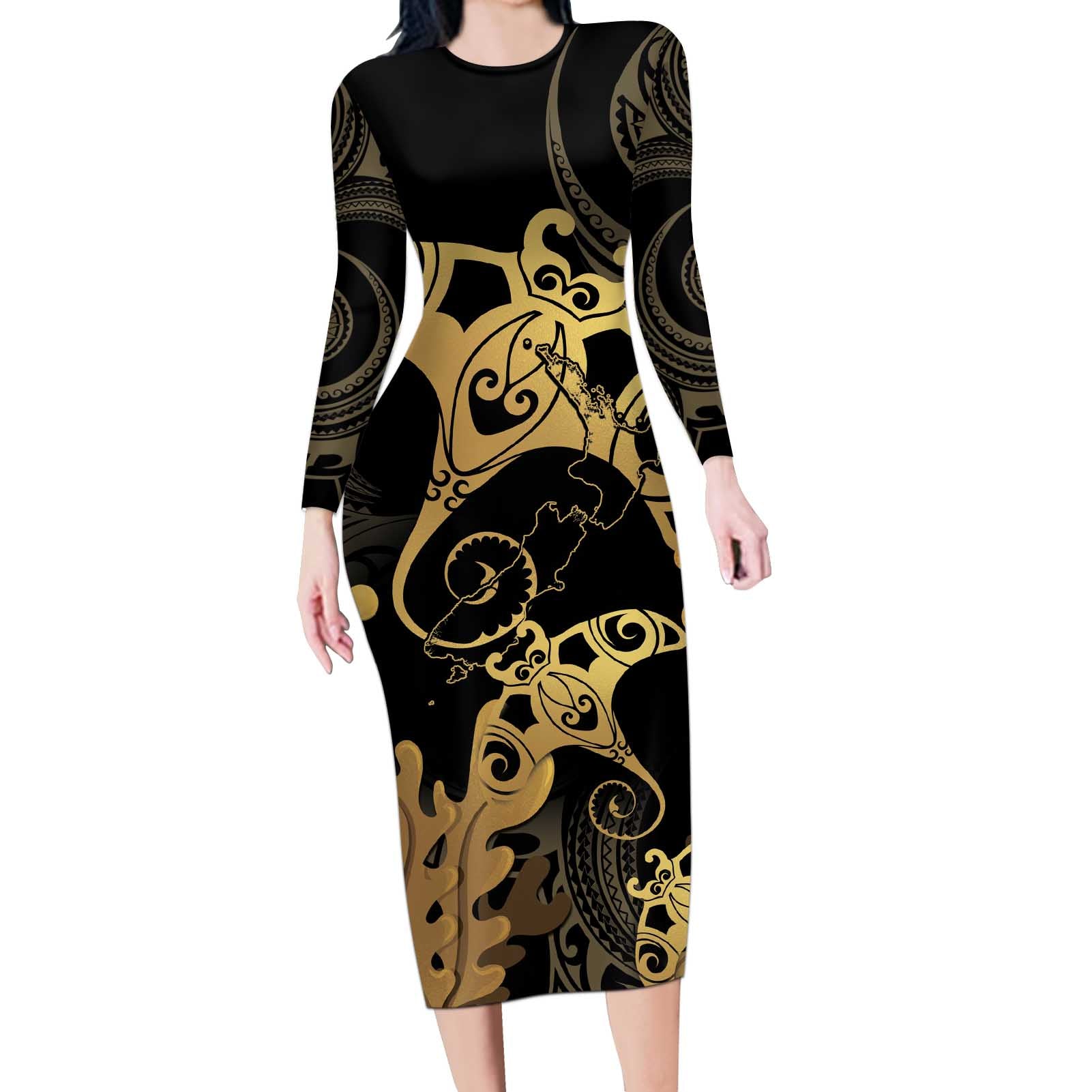 Black And Gold Aotearoa Whai Long Sleeve Bodycon Dress NZ Stingrays Maori Curves Style