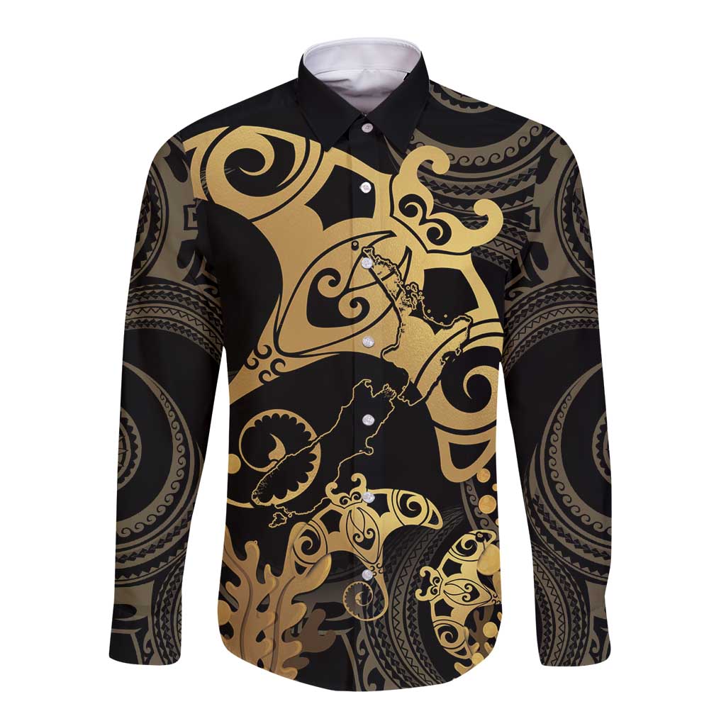 Black And Gold Aotearoa Whai Long Sleeve Button Shirt NZ Stingrays Maori Curves Style