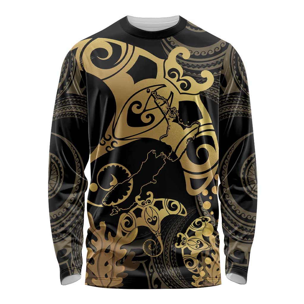 Black And Gold Aotearoa Whai Long Sleeve Shirt NZ Stingrays Maori Curves Style