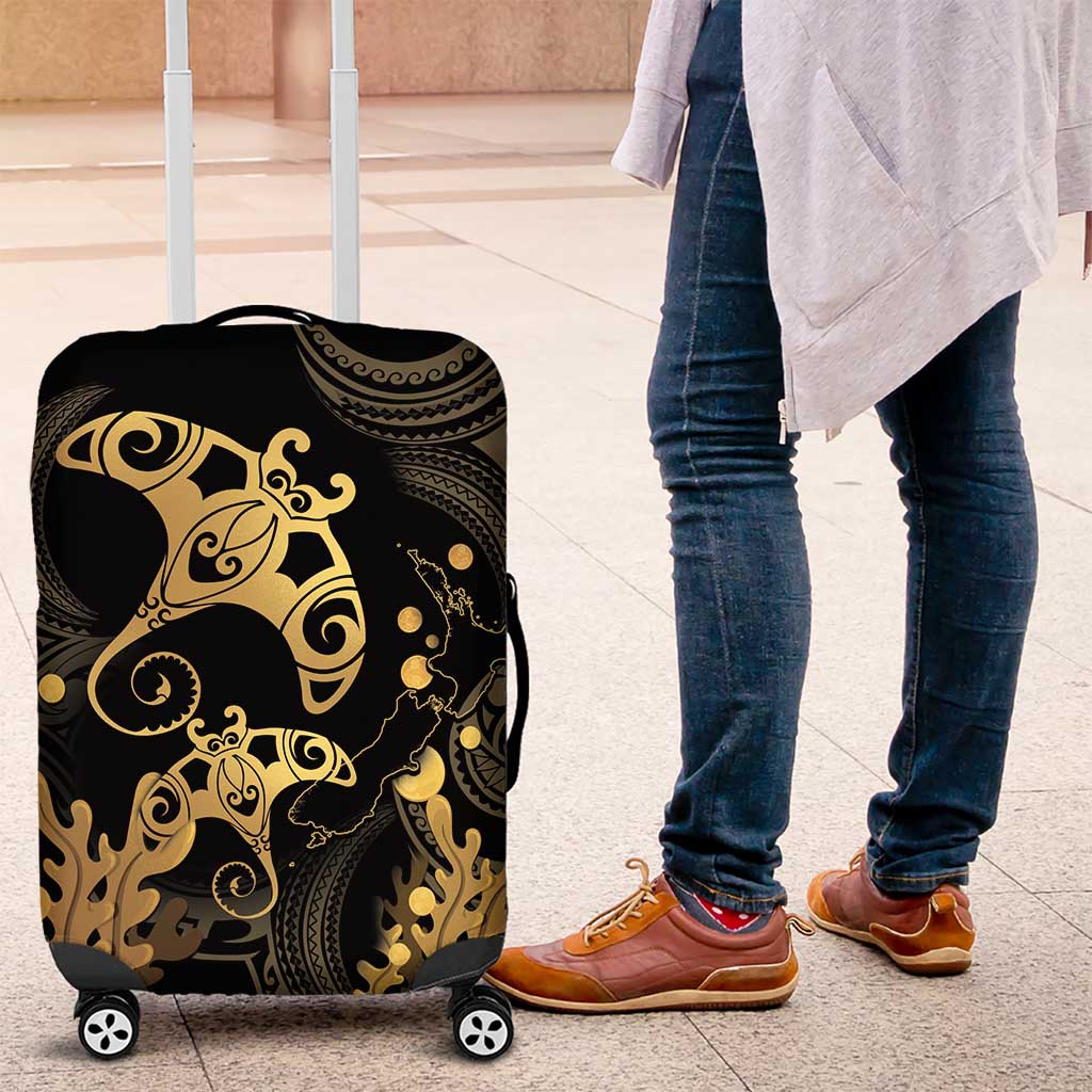 Black And Gold Aotearoa Whai Luggage Cover NZ Stingrays Maori Curves Style