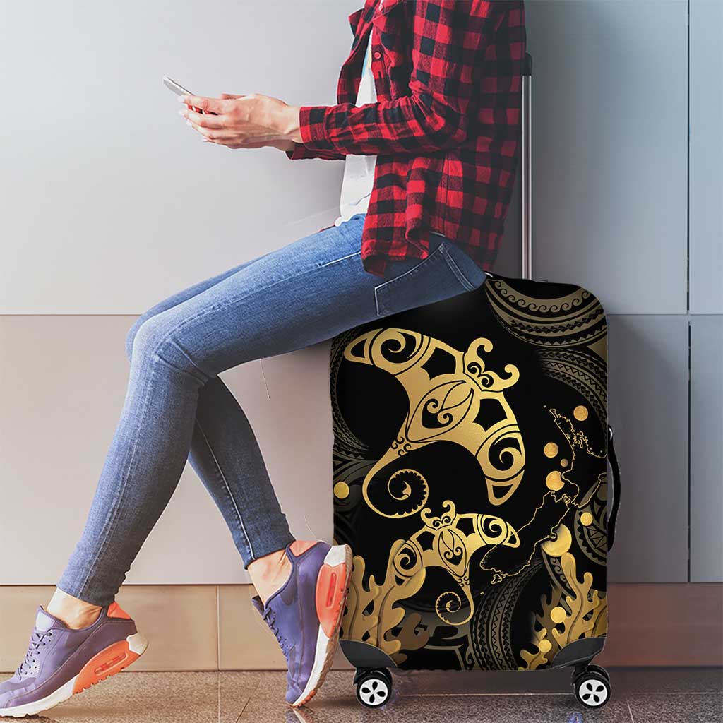 Black And Gold Aotearoa Whai Luggage Cover NZ Stingrays Maori Curves Style