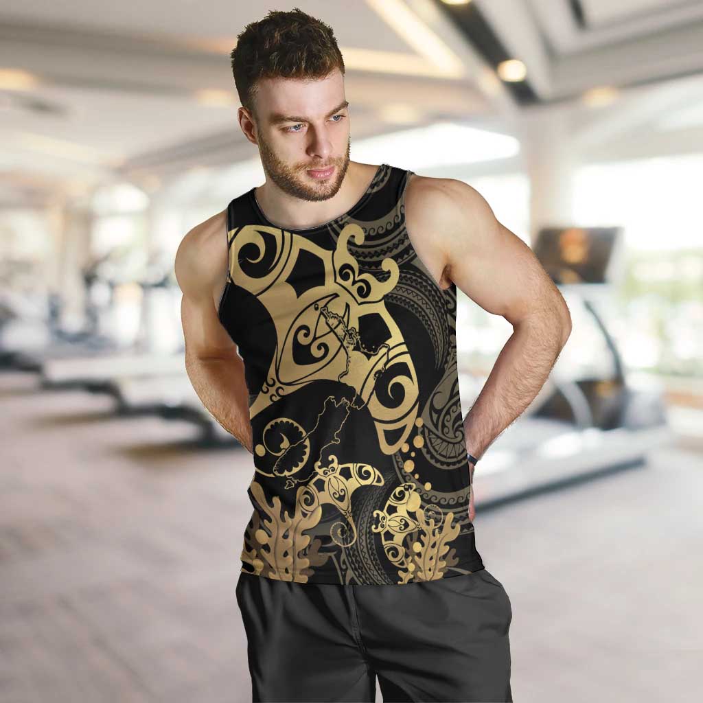 Black And Gold Aotearoa Whai Men Tank Top NZ Stingrays Maori Curves Style LT14 Gold - Polynesian Pride