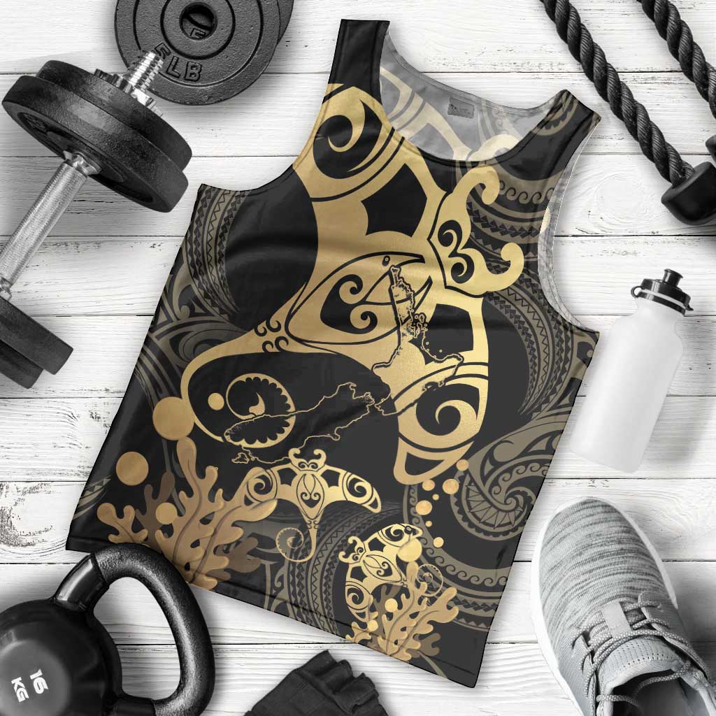 Black And Gold Aotearoa Whai Men Tank Top NZ Stingrays Maori Curves Style LT14 - Polynesian Pride
