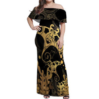 Black And Gold Aotearoa Whai Off Shoulder Maxi Dress NZ Stingrays Maori Curves Style