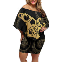 Black And Gold Aotearoa Whai Off Shoulder Short Dress NZ Stingrays Maori Curves Style LT14 Women Gold - Polynesian Pride