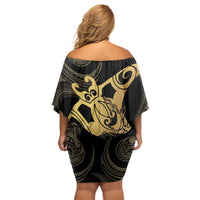 Black And Gold Aotearoa Whai Off Shoulder Short Dress NZ Stingrays Maori Curves Style LT14 - Polynesian Pride