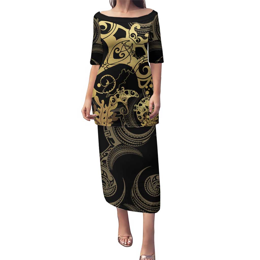 Black And Gold Aotearoa Whai Puletasi NZ Stingrays Maori Curves Style LT14 Long Dress Gold - Polynesian Pride