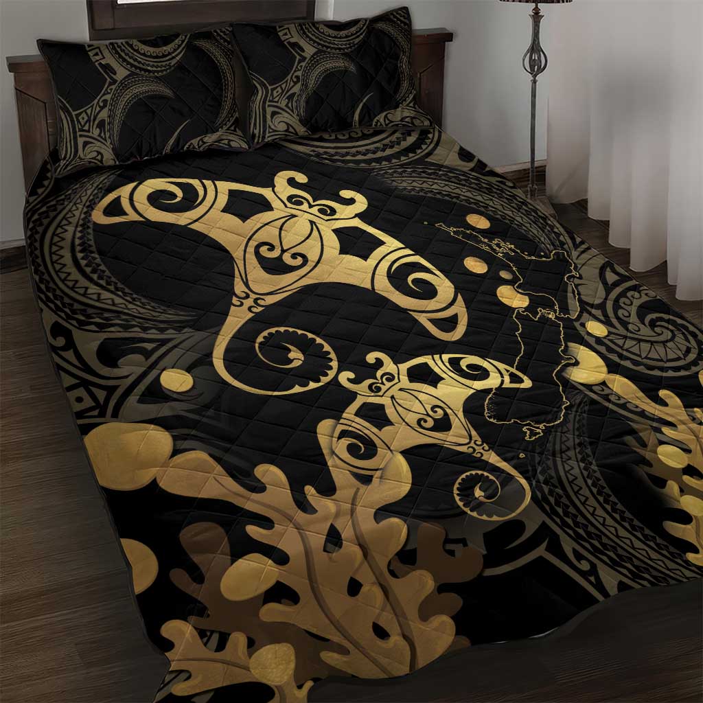 Black And Gold Aotearoa Whai Quilt Bed Set NZ Stingrays Maori Curves Style