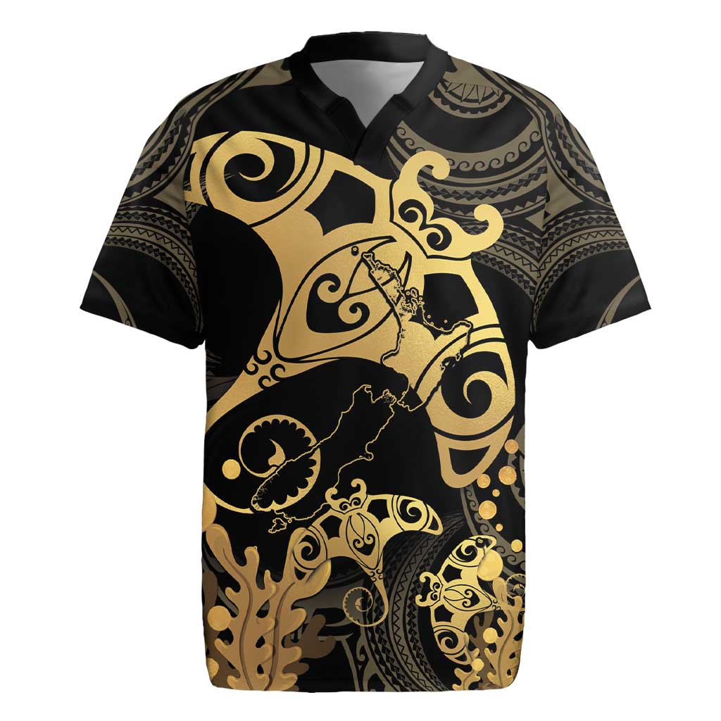 Black And Gold Aotearoa Whai Rugby Jersey NZ Stingrays Maori Curves Style LT14 Gold - Polynesian Pride