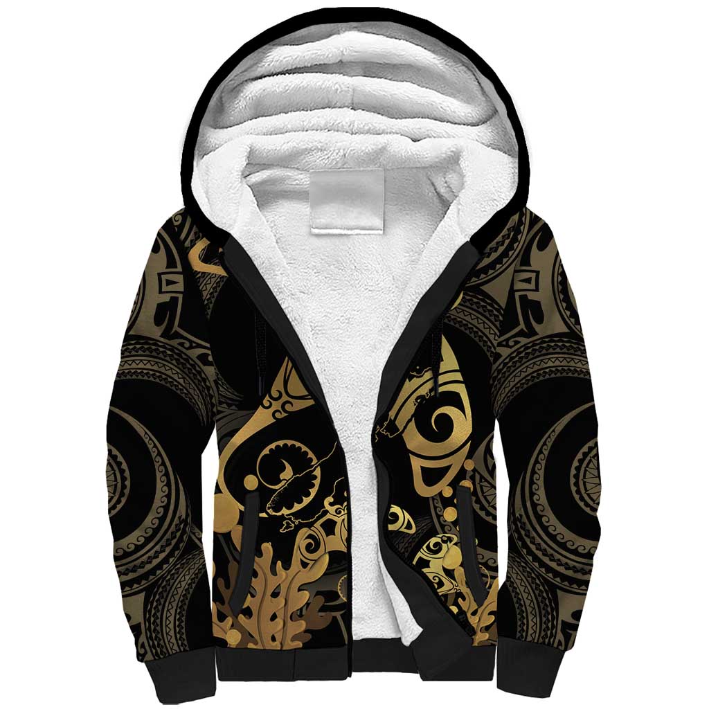 Black And Gold Aotearoa Whai Sherpa Hoodie NZ Stingrays Maori Curves Style LT14 Unisex Gold - Polynesian Pride