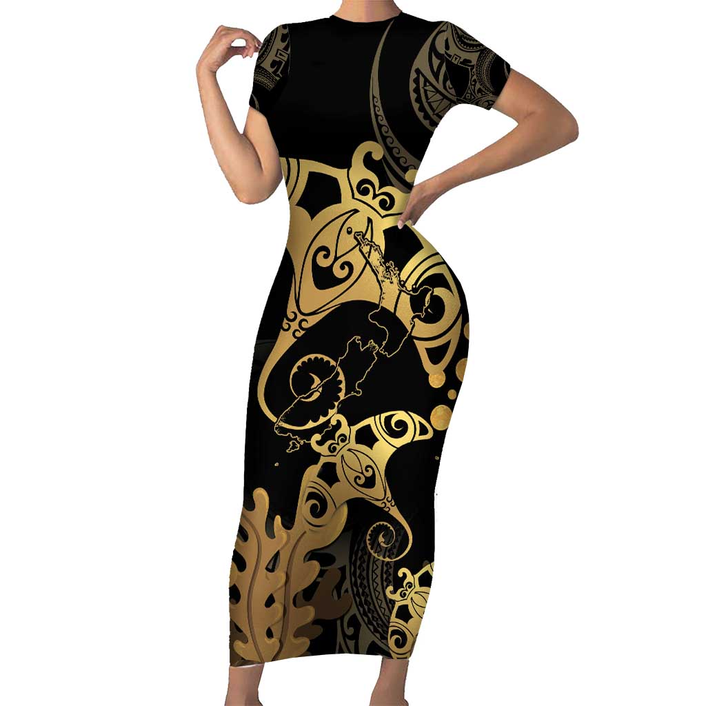 Black And Gold Aotearoa Whai Short Sleeve Bodycon Dress NZ Stingrays Maori Curves Style