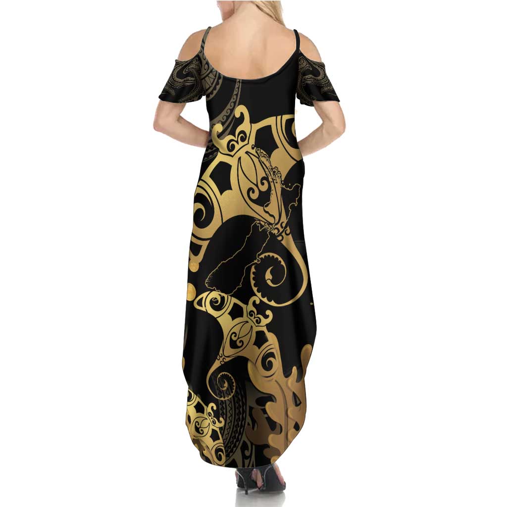 Black And Gold Aotearoa Whai Summer Maxi Dress NZ Stingrays Maori Curves Style LT14 - Polynesian Pride