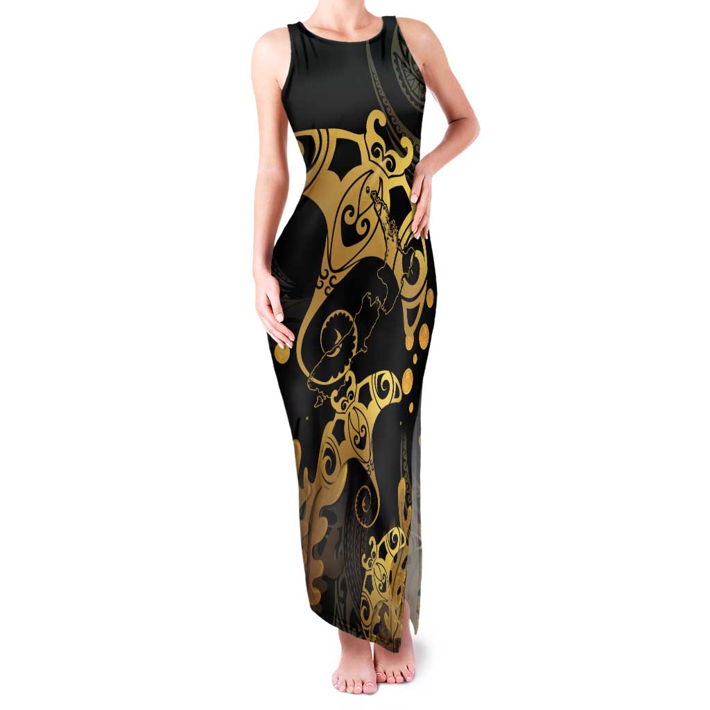 Black And Gold Aotearoa Whai Tank Maxi Dress NZ Stingrays Maori Curves Style LT14 Women Gold - Polynesian Pride