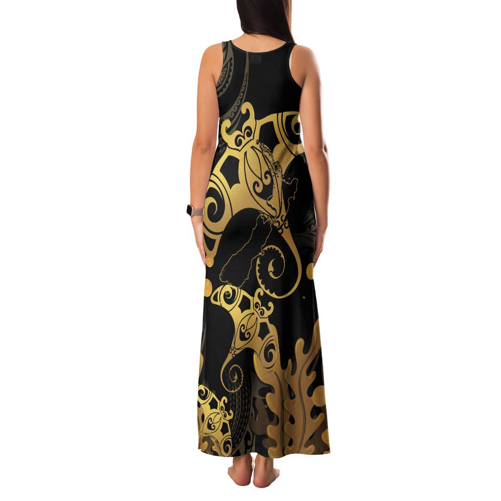 Black And Gold Aotearoa Whai Tank Maxi Dress NZ Stingrays Maori Curves Style LT14 - Polynesian Pride