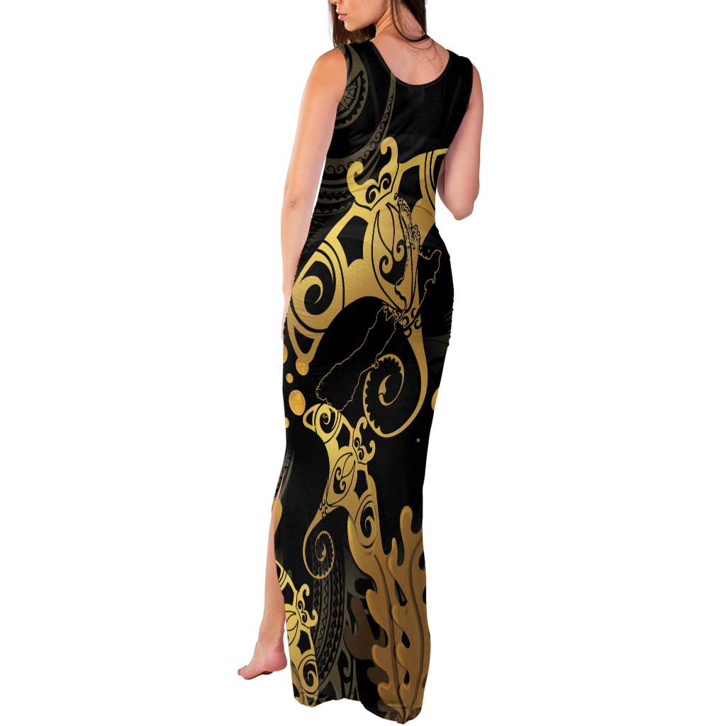 Black And Gold Aotearoa Whai Tank Maxi Dress NZ Stingrays Maori Curves Style LT14 - Polynesian Pride