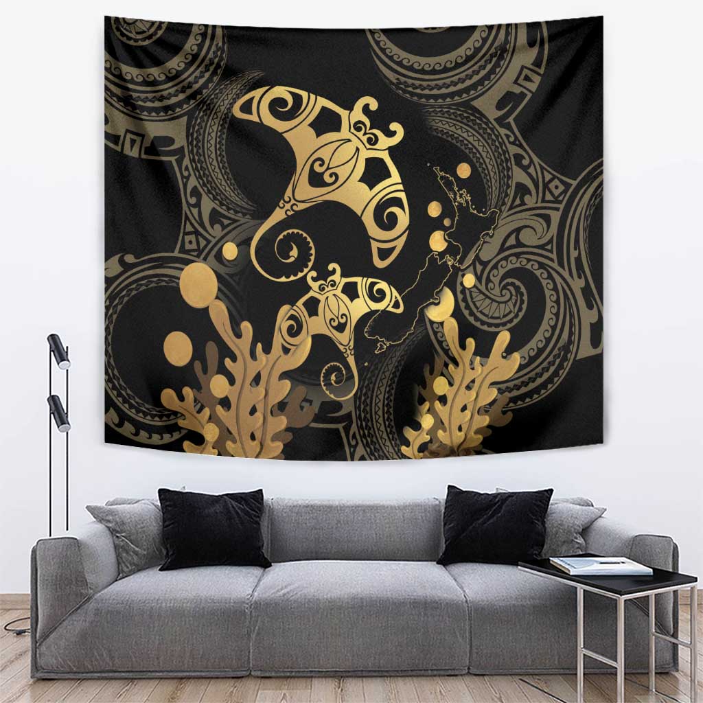 Black And Gold Aotearoa Whai Tapestry NZ Stingrays Maori Curves Style