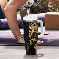 Black And Gold Aotearoa Whai Tumbler With Handle NZ Stingrays Maori Curves Style LT14 - Polynesian Pride