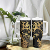 Black And Gold Aotearoa Whai Tumbler With Handle NZ Stingrays Maori Curves Style LT14 - Polynesian Pride