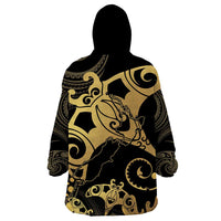 Black And Gold Aotearoa Whai Wearable Blanket Hoodie NZ Stingrays Maori Curves Style LT14 - Polynesian Pride