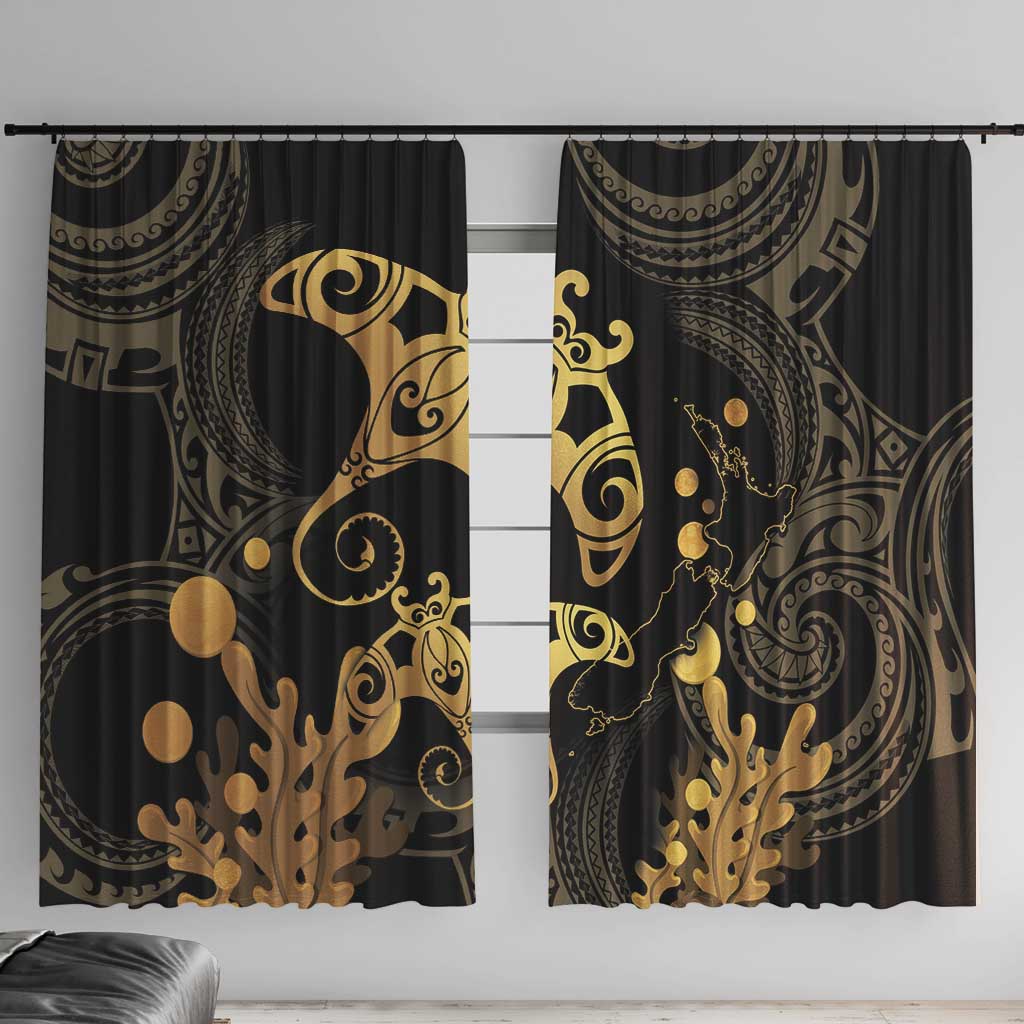 Black And Gold Aotearoa Whai Window Curtain NZ Stingrays Maori Curves Style LT14 With Hooks Gold - Polynesian Pride