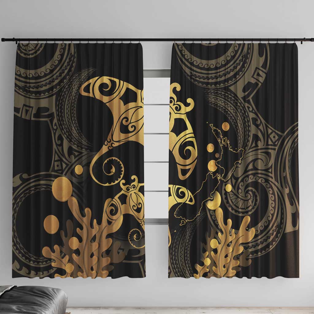 Black And Gold Aotearoa Whai Window Curtain NZ Stingrays Maori Curves Style