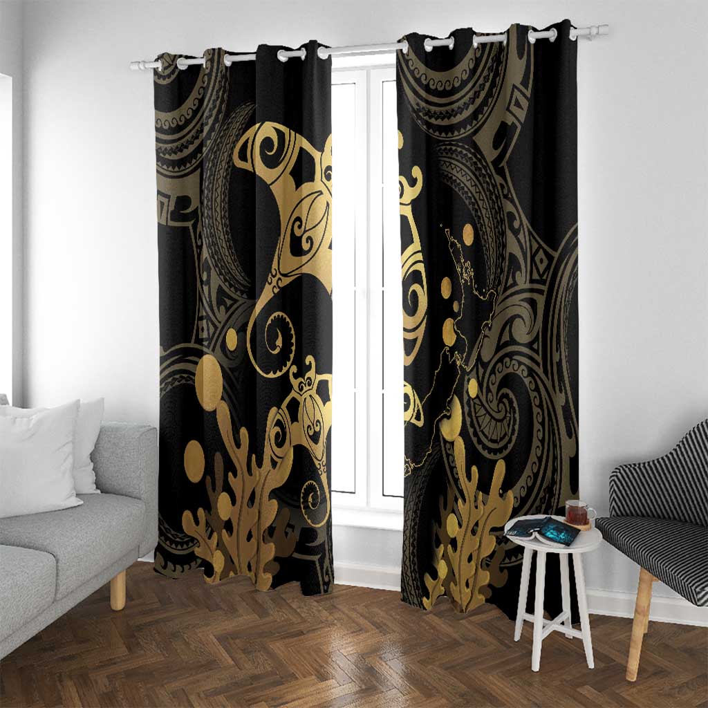 Black And Gold Aotearoa Whai Window Curtain NZ Stingrays Maori Curves Style LT14 With Grommets Gold - Polynesian Pride