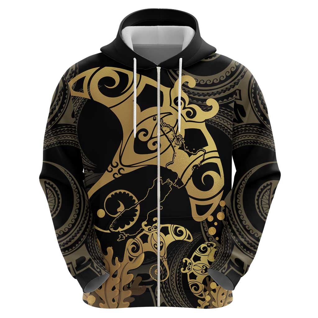 Black And Gold Aotearoa Whai Zip Hoodie NZ Stingrays Maori Curves Style