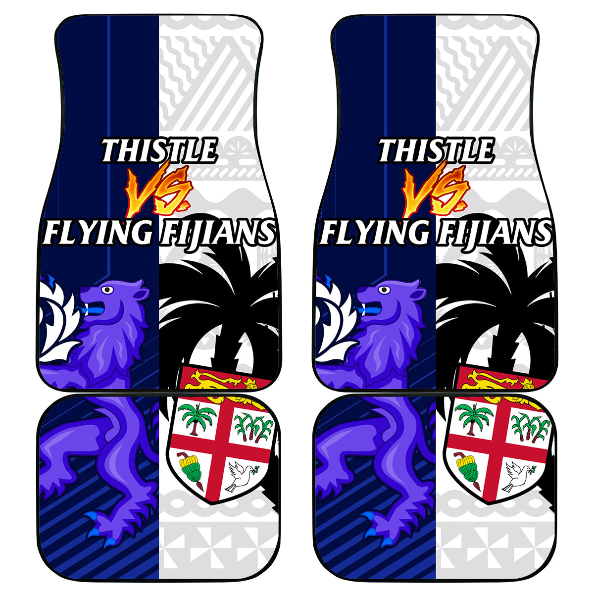 Fiji And Scotland Rugby Car Mats Fijian Tapa Pattern With Thistle LT14 Blue - Polynesian Pride