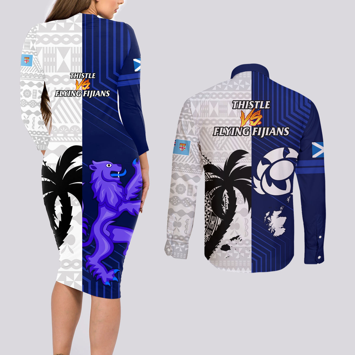 Fiji And Scotland Rugby Couples Matching Long Sleeve Bodycon Dress and Long Sleeve Button Shirts Fijian Tapa Pattern With Thistle LT14 - Polynesian Pride
