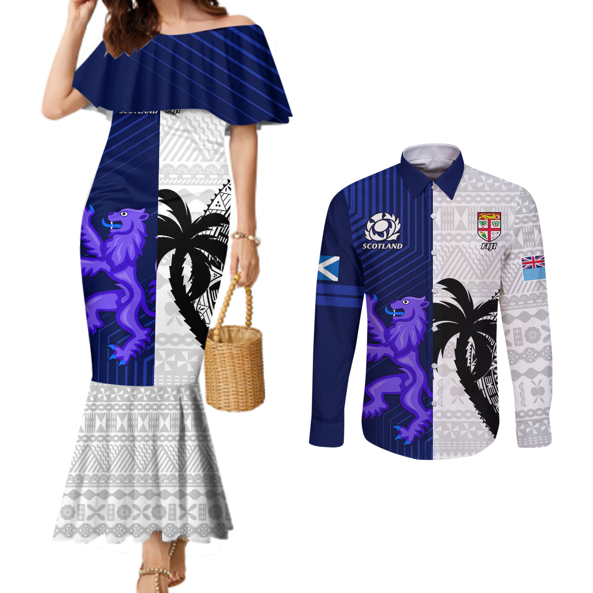 Fiji And Scotland Rugby Couples Matching Mermaid Dress and Long Sleeve Button Shirts Fijian Tapa Pattern With Thistle LT14 Blue - Polynesian Pride