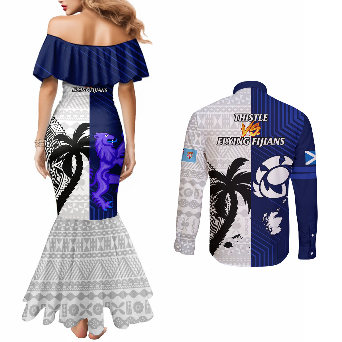 Fiji And Scotland Rugby Couples Matching Mermaid Dress and Long Sleeve Button Shirts Fijian Tapa Pattern With Thistle LT14 - Polynesian Pride