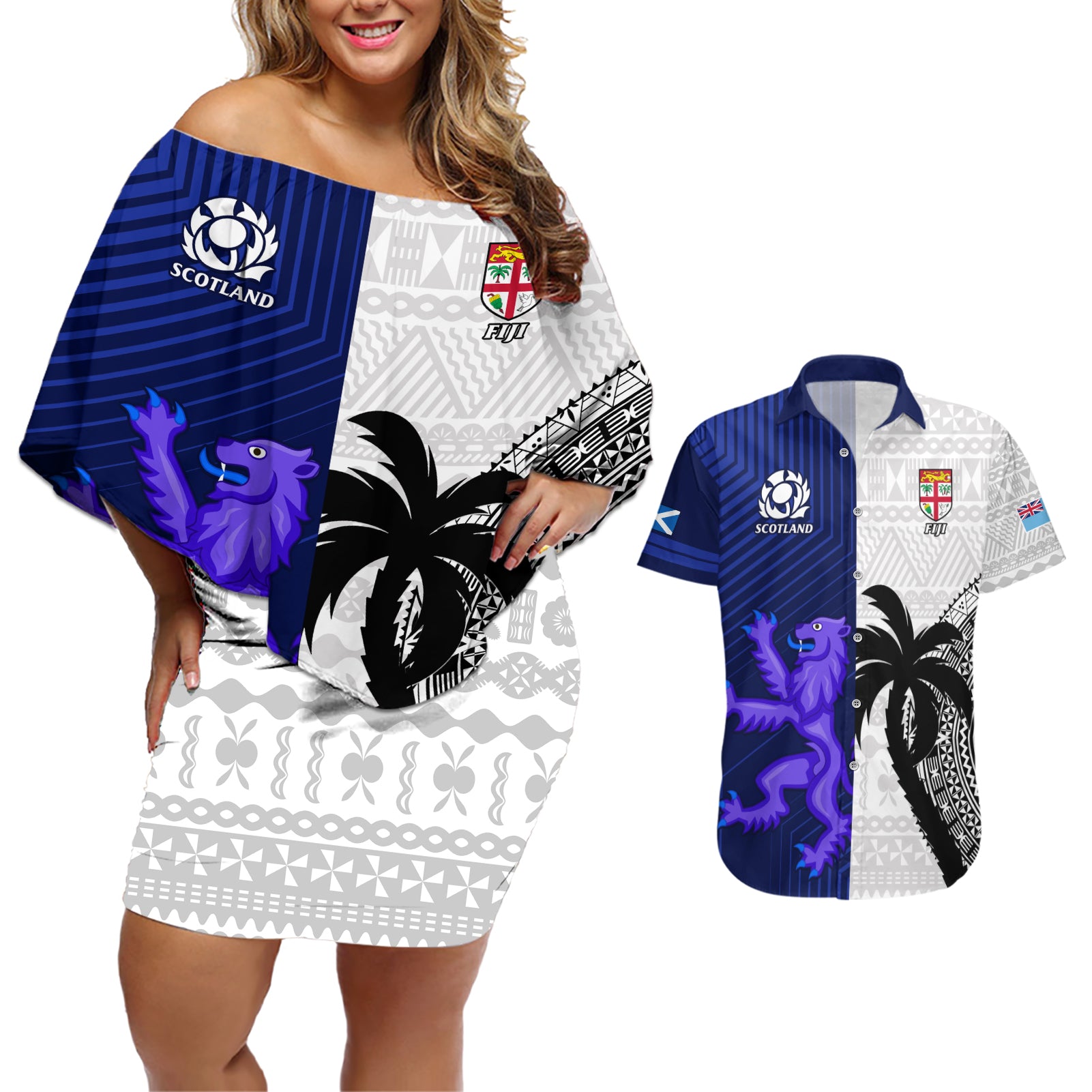 Fiji And Scotland Rugby Couples Matching Off Shoulder Short Dress and Hawaiian Shirt Fijian Tapa Pattern With Thistle LT14 Blue - Polynesian Pride