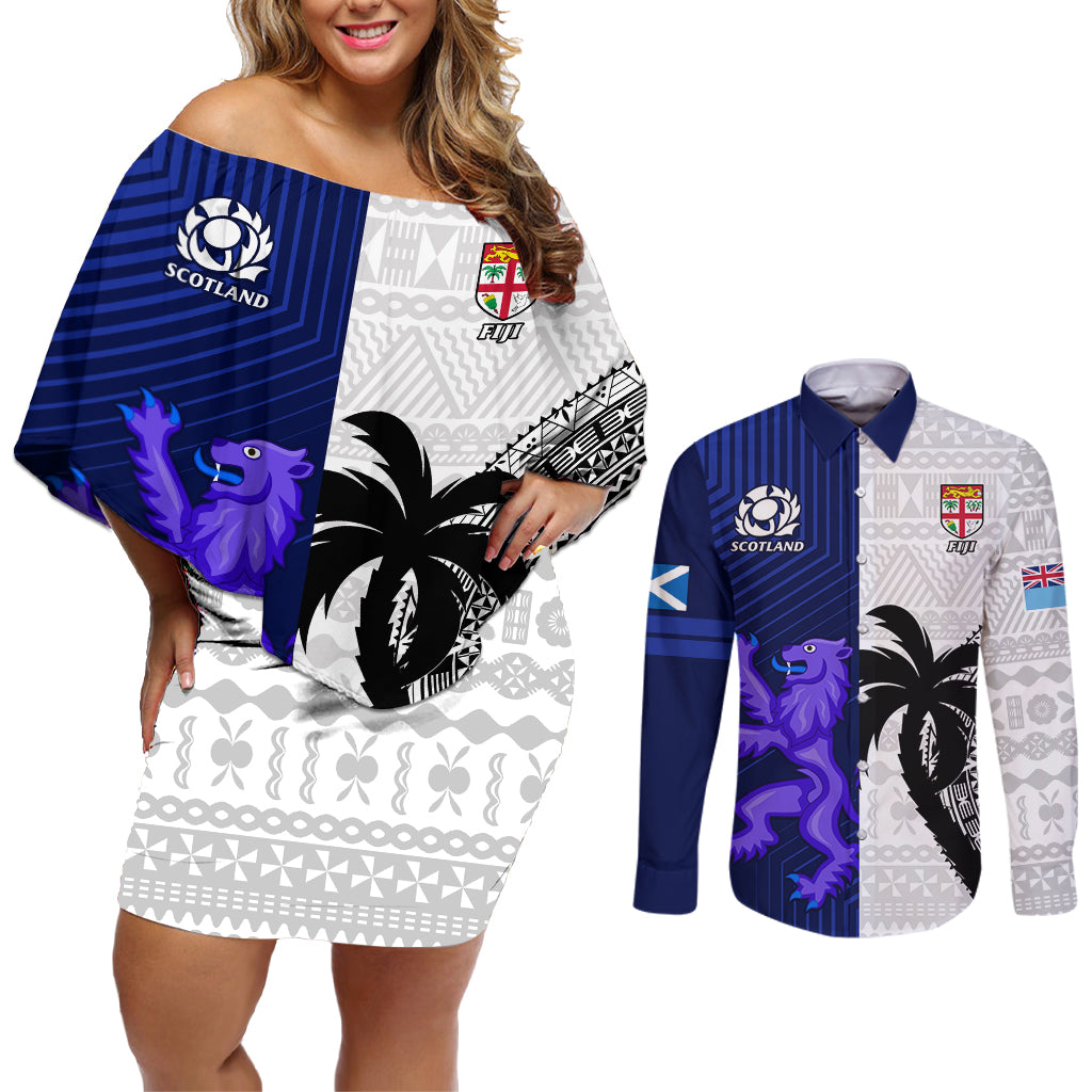 Fiji And Scotland Rugby Couples Matching Off Shoulder Short Dress and Long Sleeve Button Shirts Fijian Tapa Pattern With Thistle LT14 Blue - Polynesian Pride