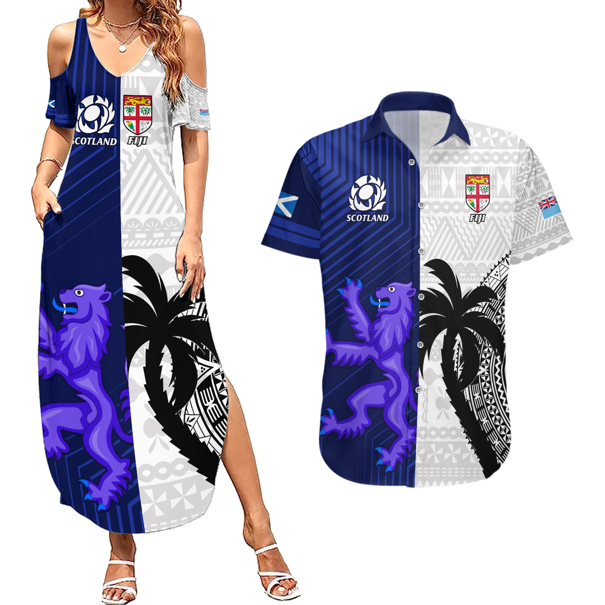 Fiji And Scotland Rugby Couples Matching Summer Maxi Dress and Hawaiian Shirt Fijian Tapa Pattern With Thistle LT14 Blue - Polynesian Pride