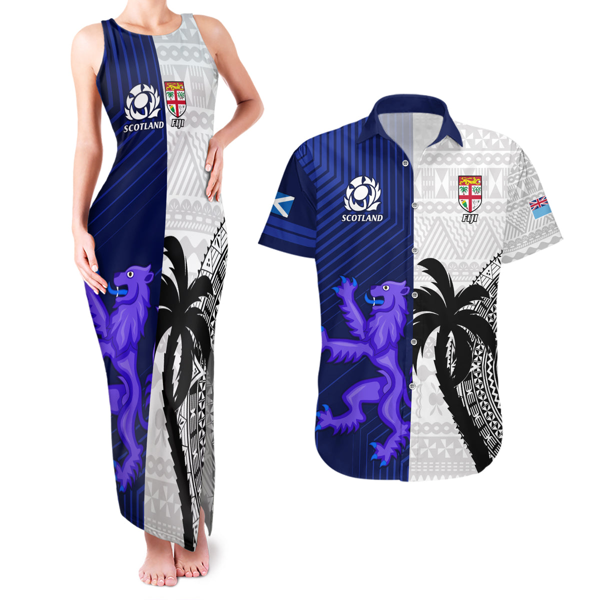Fiji And Scotland Rugby Couples Matching Tank Maxi Dress and Hawaiian Shirt Fijian Tapa Pattern With Thistle LT14 Blue - Polynesian Pride