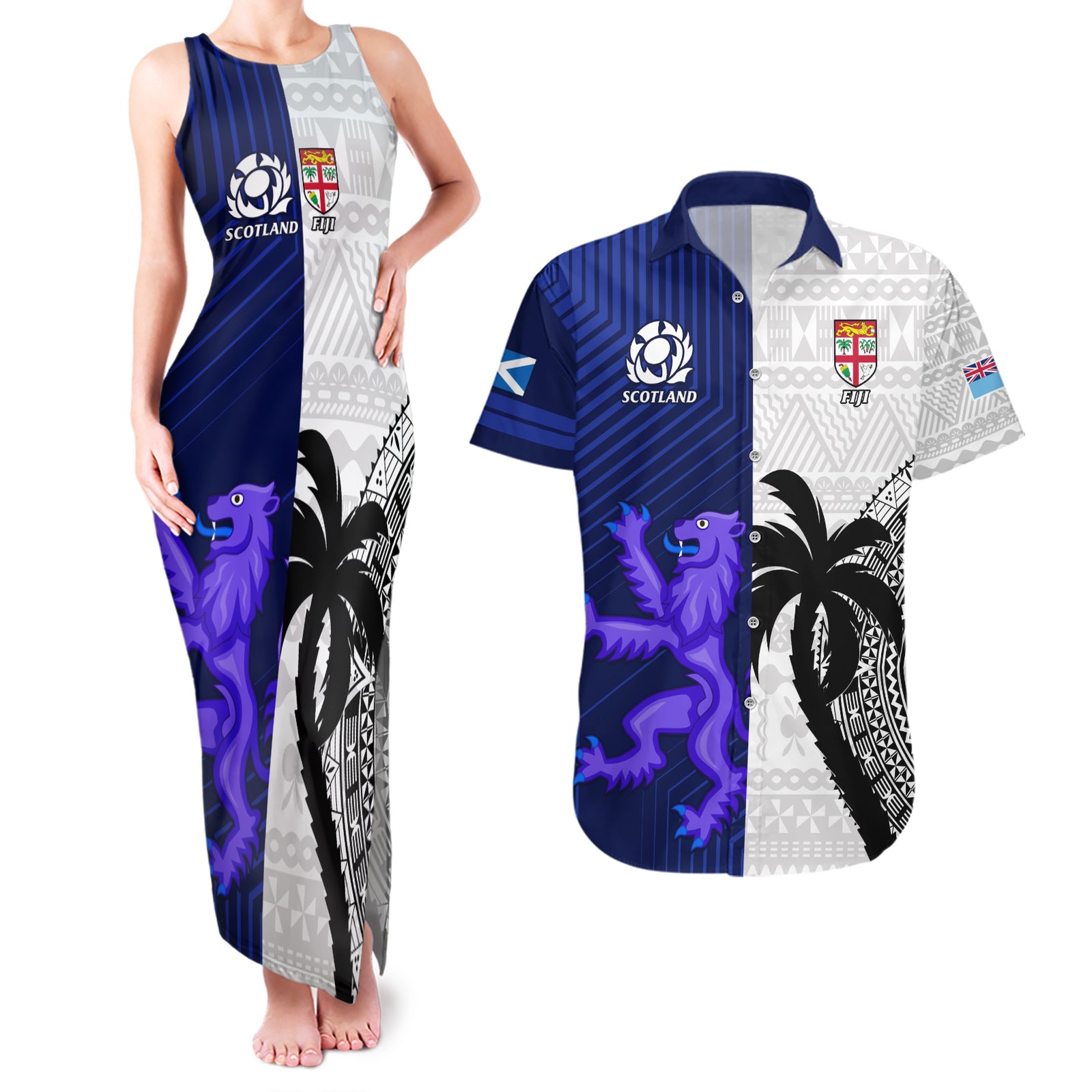 Fiji And Scotland Rugby Couples Matching Tank Maxi Dress and Hawaiian Shirt Fijian Tapa Pattern With Thistle LT14 Blue - Polynesian Pride