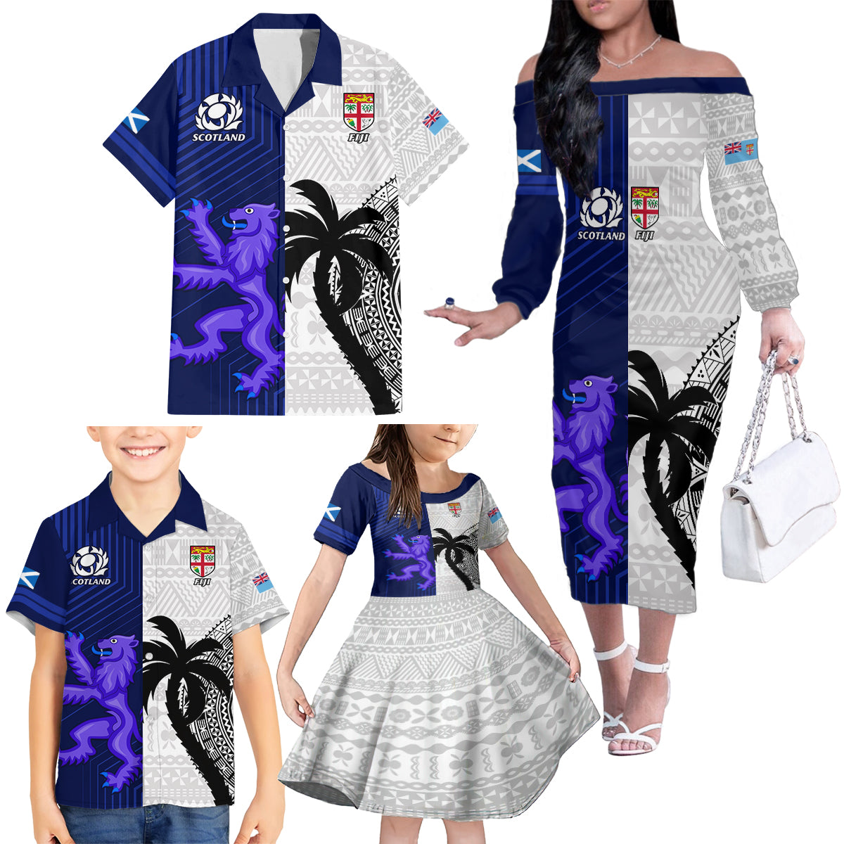 Fiji And Scotland Rugby Family Matching Off Shoulder Long Sleeve Dress and Hawaiian Shirt Fijian Tapa Pattern With Thistle LT14 - Polynesian Pride