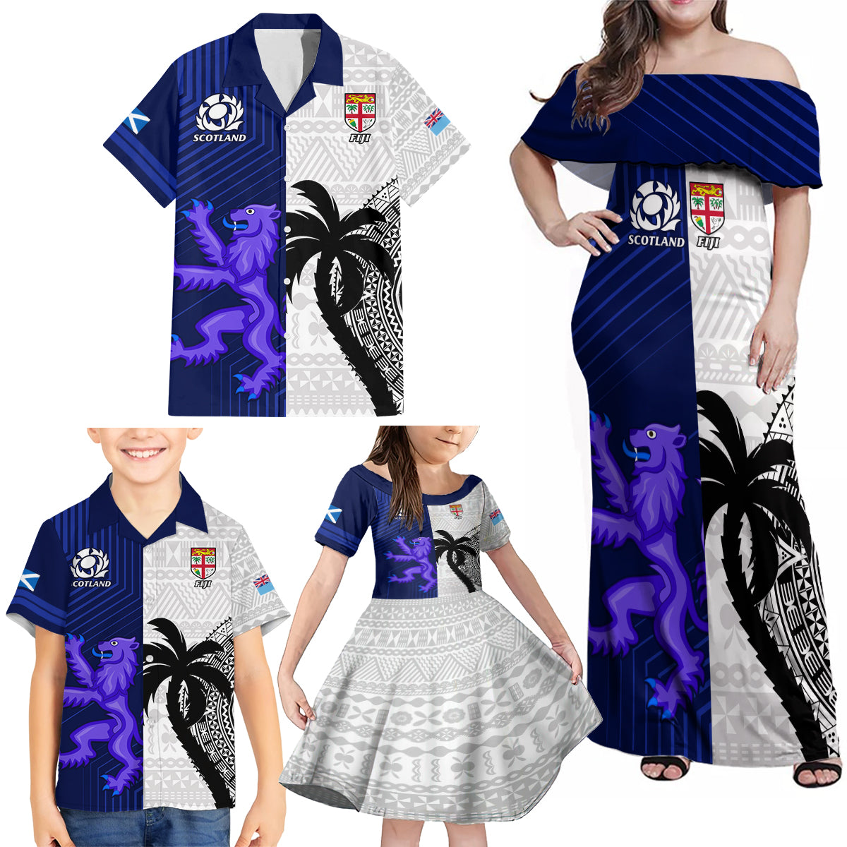 Fiji And Scotland Rugby Family Matching Off Shoulder Maxi Dress and Hawaiian Shirt Fijian Tapa Pattern With Thistle LT14 - Polynesian Pride