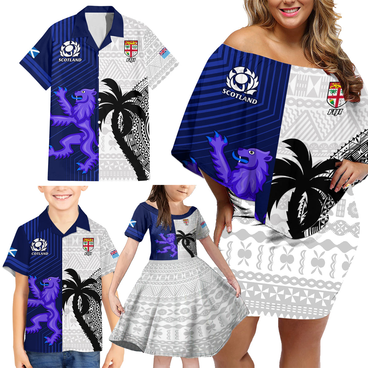 Fiji And Scotland Rugby Family Matching Off Shoulder Short Dress and Hawaiian Shirt Fijian Tapa Pattern With Thistle LT14 - Polynesian Pride