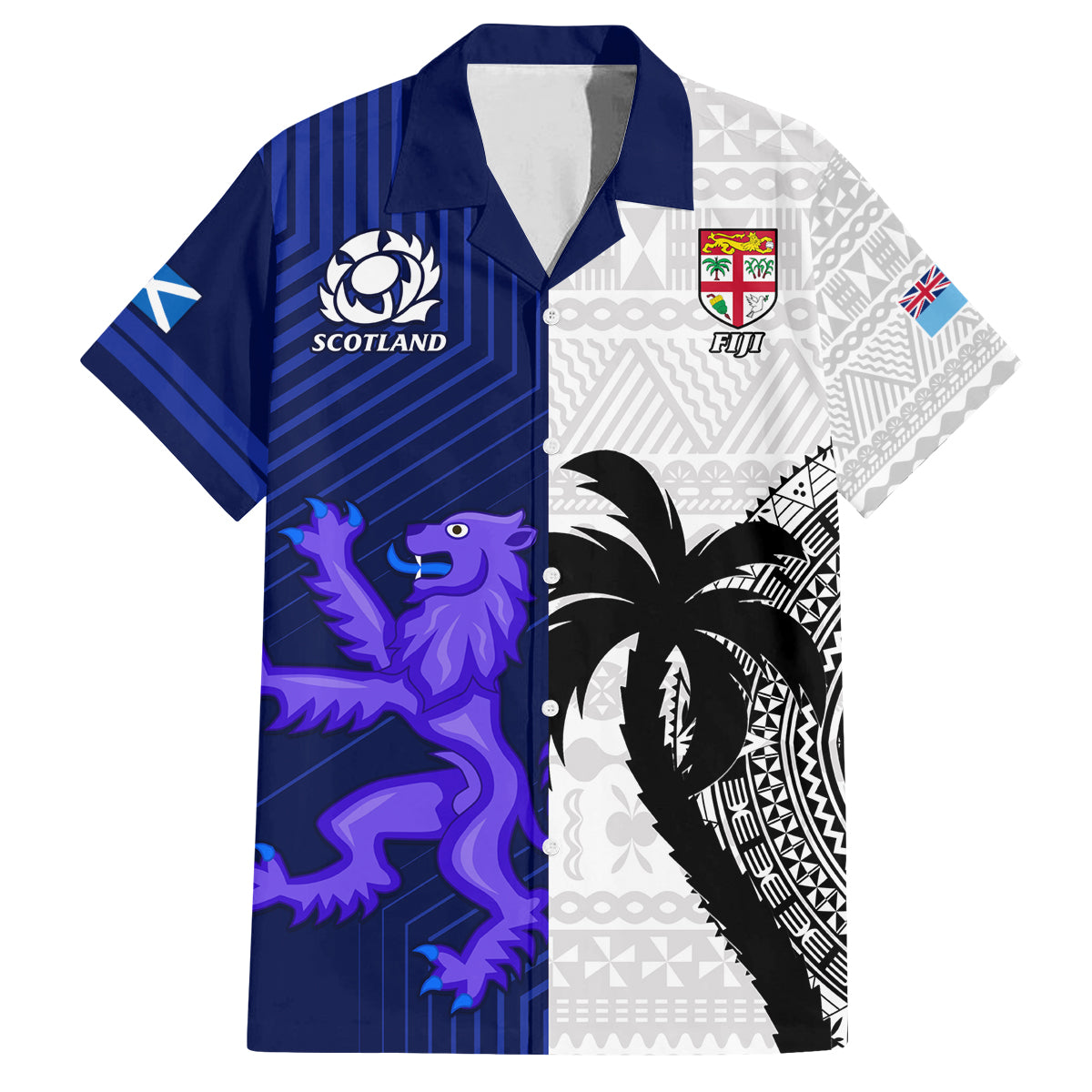 Fiji And Scotland Rugby Family Matching Summer Maxi Dress and Hawaiian Shirt Fijian Tapa Pattern With Thistle LT14 Dad's Shirt - Short Sleeve Blue - Polynesian Pride