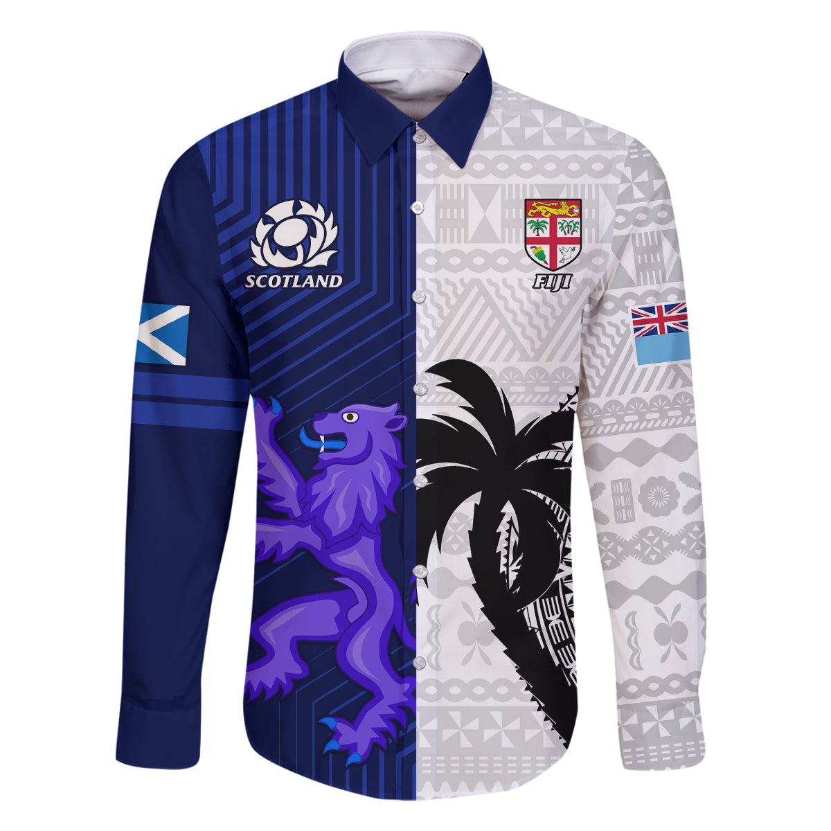 Fiji And Scotland Rugby Family Matching Tank Maxi Dress and Hawaiian Shirt Fijian Tapa Pattern With Thistle LT14 Dad's Shirt - Long Sleeve Blue - Polynesian Pride